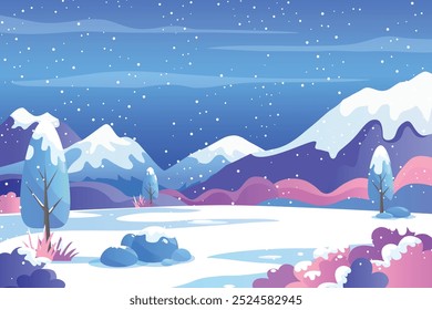 Paisaje del invierno con las montañas en el fondo, vista nocturna nevada