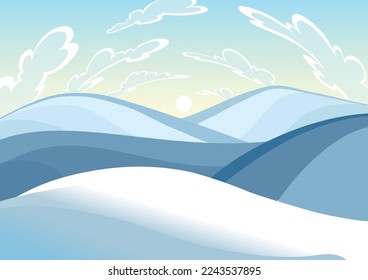 Winter landscape, mountains peaks, hills, clouds on sky background. Vector drawing of snow-covered field. Blue mountains winter snowy landscape