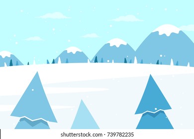 Winter Landscape with Mountains and Pine Tree. Flat Design Style. 