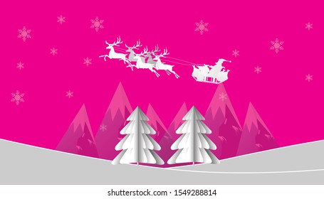 Winter landscape with mountains and pine trees with a red backdrop. Santa Claus on the sky in winter season.Merry Christmas and Happy New Year.