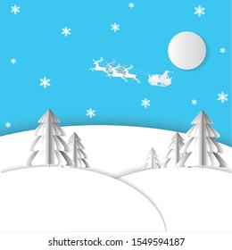 Winter landscape with mountains and pine trees with a red backdrop. Santa Claus on the sky in winter season.Merry Christmas and Happy New Year.