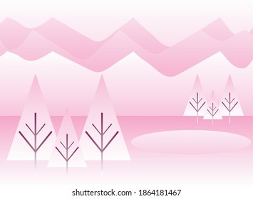 winter landscape mountains and pine trees toned pink background vector illustration
