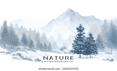 Winter landscape with mountains and pine trees.