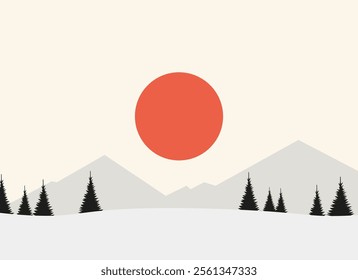 Winter Landscape with Mountains and Red Sun - Vector Graphic