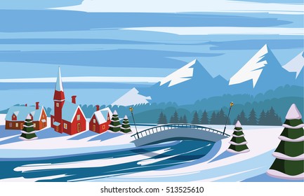 Winter landscape, mountains, river, bridge, village, trees in the snow, vector illustration