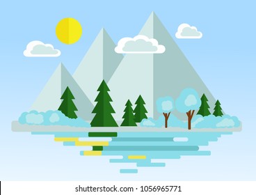 winter landscape with mountains, river and fir-trees