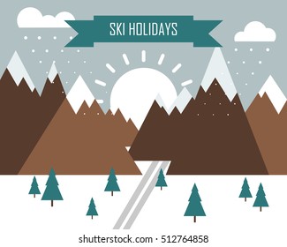 Winter landscape with mountains, ski track and inscription Sky Holidays. Flat design. Vector illustration.