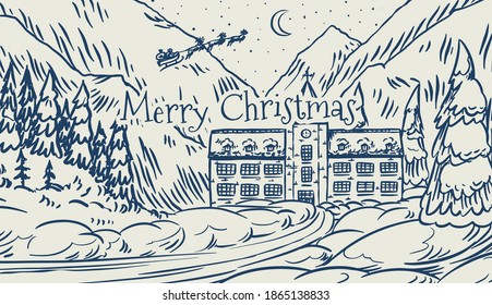 Winter landscape with mountains and snow. Christmas forest with fir trees and castle. Santa claus on a sleigh with reindeer in the sky. Hand drawn sketch. Vintage engraved sketch. Vector illustration.