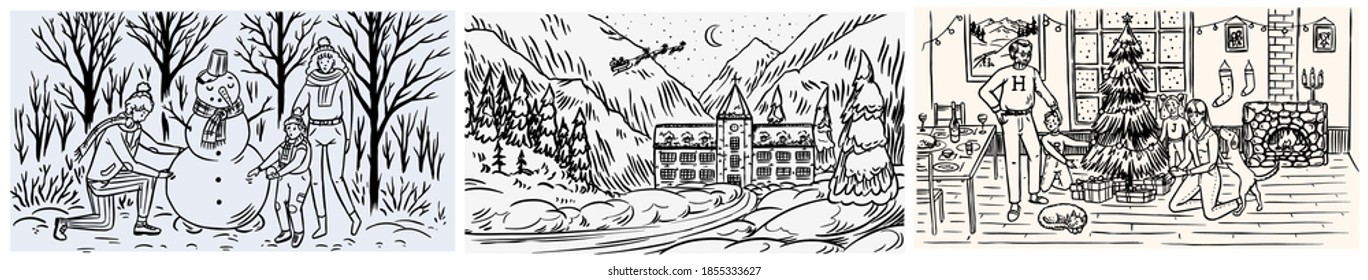  Winter landscape with mountains and snow. The family makes a snowman for Christmas. Tree and Cozy atmosphere. Hand drawn sketch. Vintage engraved sketch. Vector illustration.