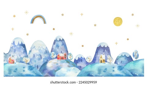 winter landscape with mountains, snow, hills, clouds, houses and trees