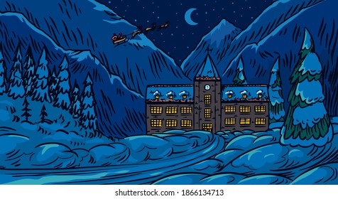 Winter landscape with mountains and snow on a blue background. Christmas forest with fir trees and castle. Santa claus. Hand drawn sketch. Vintage engraved sketch. Vector illustration.