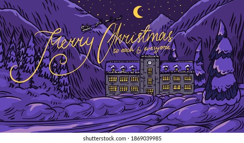 Winter landscape with mountains and snow on a purple background. Christmas forest with fir trees and castle. Santa claus on a sleigh. Hand drawn sketch. Vintage engraved sketch. Vector illustration.