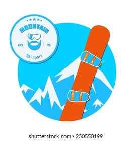Winter landscape with mountains and snowboarding. Vector illustration.