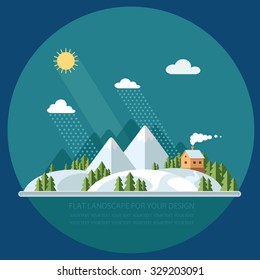 Winter landscape mountains snow-capped hills. flat vector illustration