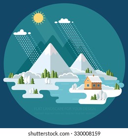 Winter landscape mountains snow-capped hills. flat vector illustration