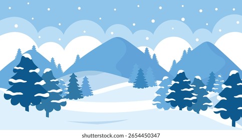Paisaje de invierno con montañas y árboles cubiertos de nieve. Temporada de Festiva para tarjetas de felicitación y diseño de Anuncios. Vector.