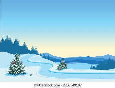 Winter landscape with mountains, snowfall, fir trees and a snowy country road. Flat vector background illustration.