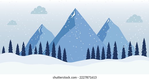 Winter landscape with mountains and snowfall. Snowscape nature scene icon. Vector illustration