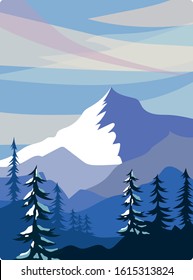 Winter landscape with mountains. Snowy illustration with hills, trees and clouds. Vector horizontal background