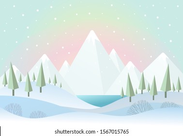 Winter landscape with mountains with snowy tops, around a Christmas pine tree and a blue lake in the middle. Minimal winter landscape background. Happy New Year and Merry xmas vector illustration