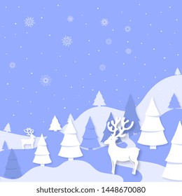 Winter landscape mountains, spruce, deer cut out of paper style. Merry Christmas and Happy New Year greeting card
