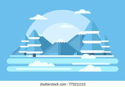 Winter landscape. Mountains, spruce and snow. Vector illustration.