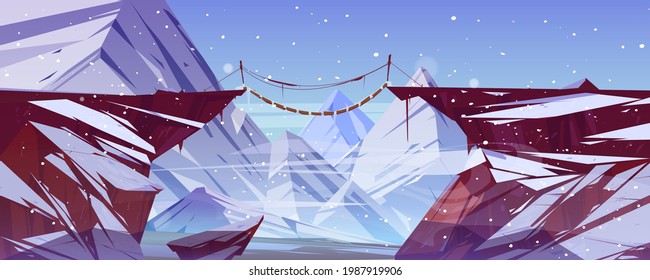 Winter landscape with mountains, suspension bridge over precipice and ice peaks. Vector cartoon illustration of snow rocks, wooden rope bridge over abyss between cliffs and snowfall