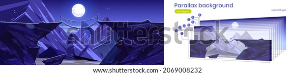 Winter landscape with mountains, suspension bridge\
between cliffs and moon in sky. Vector parallax background for 2d\
animation with cartoon illustration of snow rocks and wooden rope\
bridge at night