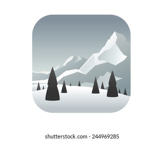 Winter landscape with mountains and trees.