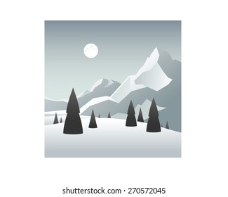 Winter landscape with mountains and trees.