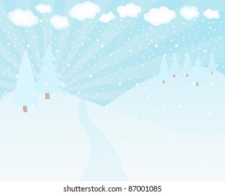 Winter landscape with mountains and trees.