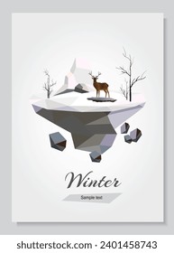 Winter landscape with mountains, trees, deer on the snow ground. Vector island in geometric low poly style for use as gaming platforms, cover designs.