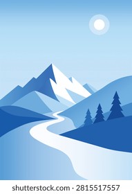 winter landscape with mountains and trees. Illustration of snow and blue sky
