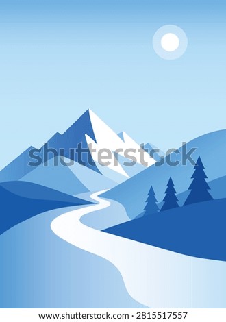 winter landscape with mountains and trees. Illustration of snow and blue sky