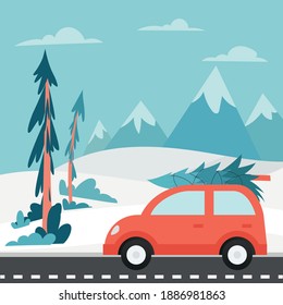 Winter landscape,  in the mountains with trees and snow. Christmas holidays vacation. Family car with tree on the roof, coming for recreation, skeing. Vector illustration.