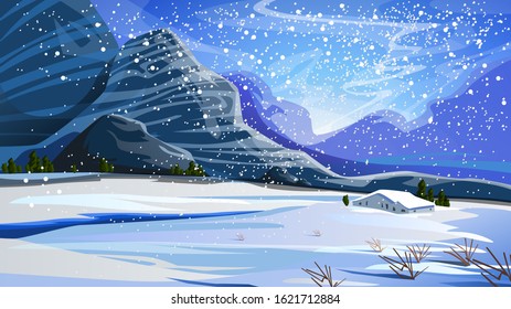 Winter landscape with mountains. Vector illustration.