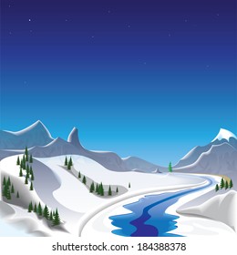 Winter landscape in the mountains. Vector illustration 