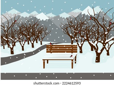 Winter landscape. In the national park there is a snow-covered bench on which bullfinches jump. Around the winter forest. Bullfinches on branches.  Mountains in the background. Snowfall.