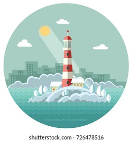 Winter landscape of nature. lighthouse in the ocean, sea, big city. Printing fabrics. Vector flat illustration, EPS 10.