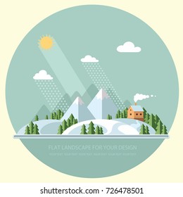 Winter landscape of nature. A village with white trees, fir trees, lovely houses in the background of mountains. Printing fabrics. Vector flat illustration, EPS 10.