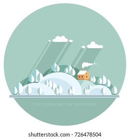 Winter landscape of nature. A village with white trees, fir trees, lovely houses in the background of mountains. Printing fabrics. Vector flat illustration, EPS 10.