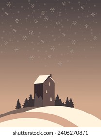 Winter landscape, New Year, Christmas, winter nature, house. Design for postcard, poster, banner.