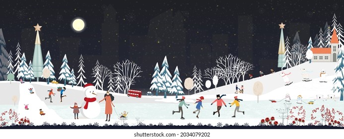 Winter landscape at night, Christmas and new year celebrated in the city,Vector of horizontal banner winter wonderland in the town with happy kids sledding and couple with skiing in the park 