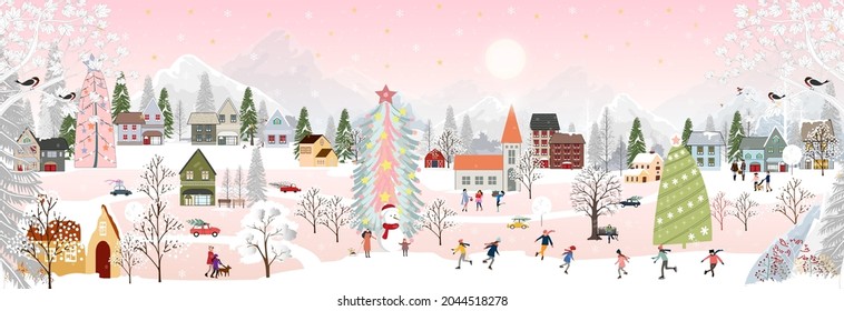 Winter landscape at night, Christmas and new year 2023 celebrated in the city,Vector of horizontal banner winter wonderland in the town with happy kids sledding and couple with skiing in the park 