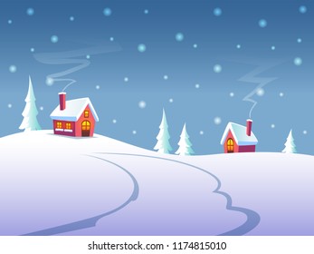 Winter landscape at night - cute houses on hills