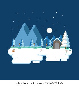 Winter landscape in the night with flat design illustration