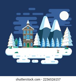 Winter landscape in the night with flat design illustration