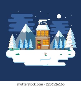 Winter landscape in the night with flat design illustration