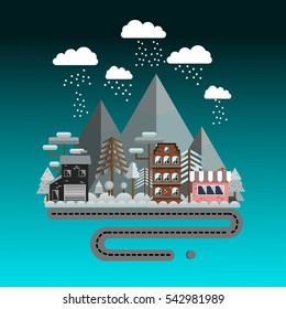 Winter landscape in night, flat style. Ski resort in vector.