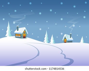 Winter landscape at night with houses on hills